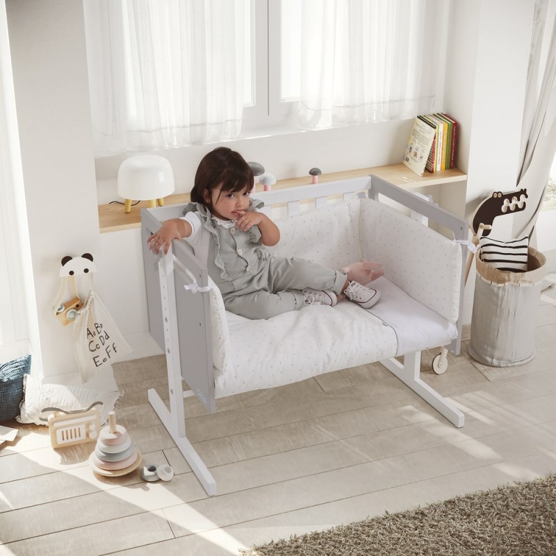 Berceau Cododo Bébé Réglable Avec Roulettes - 7 Hauteurs, Matelas Inclus - Panier Rangement - Tissu Respirant Gris Clair - Facile à Nettoyer